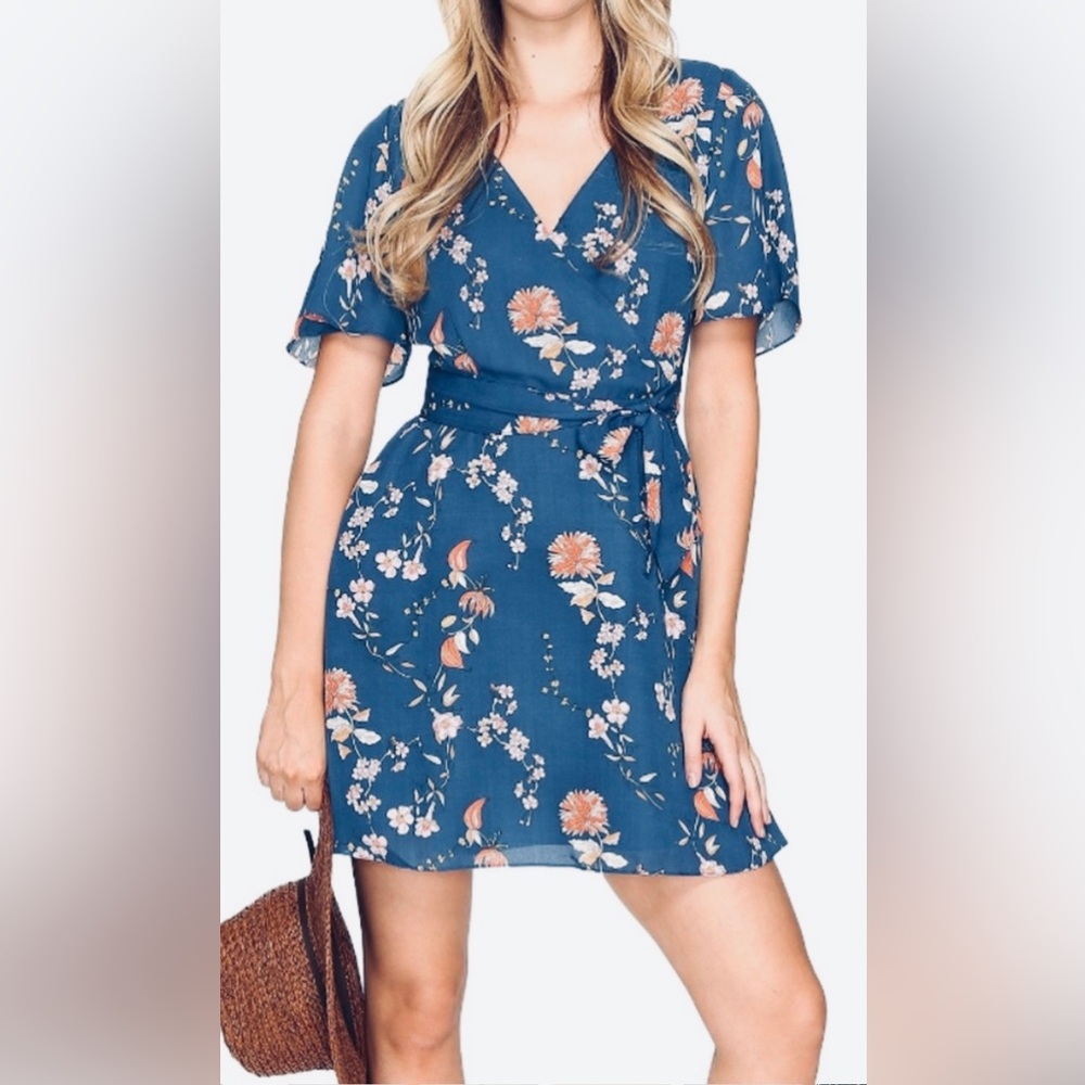 Blue Floral Dress Faux Wrap Dress Blue Floral Cherry Blossom Dress
